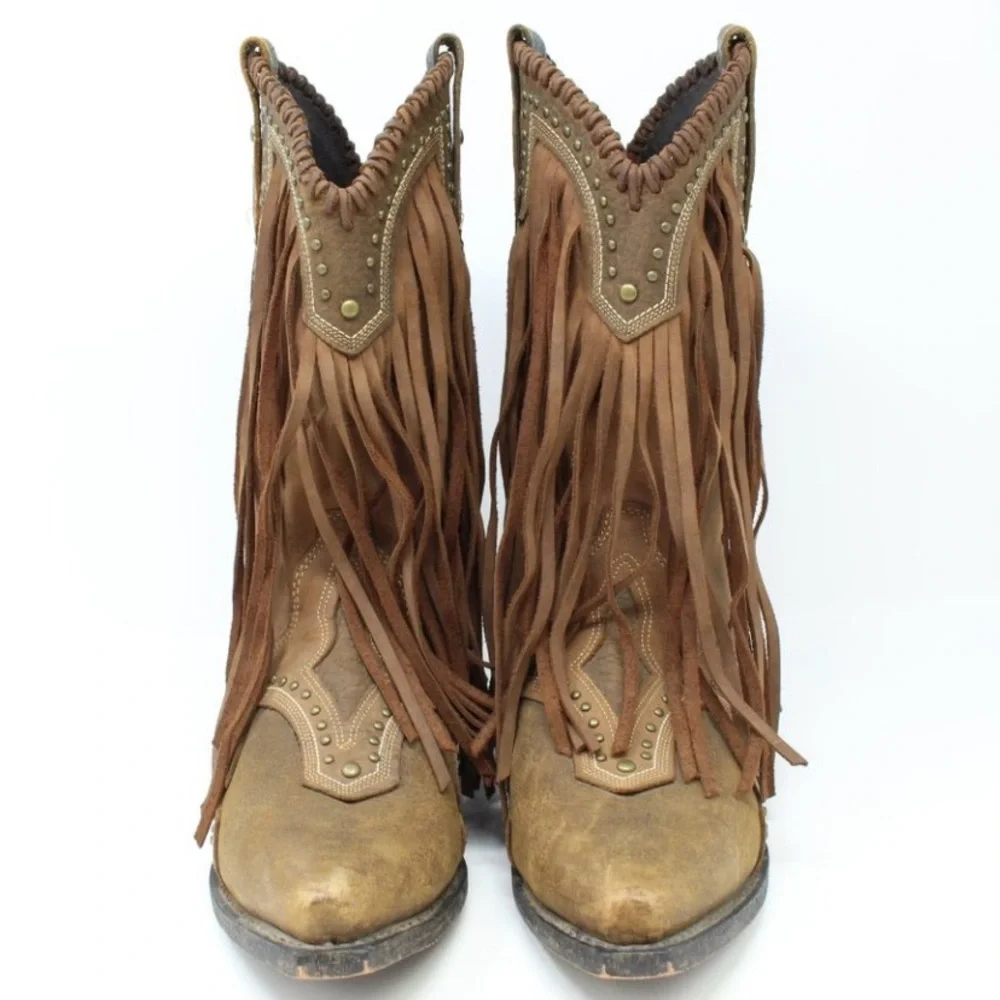 🤠ROCKIN COUNTRY🤠GENUINE LEATHER FRINGE STUDDED COWBOY BOOT - Picture 2 of 7